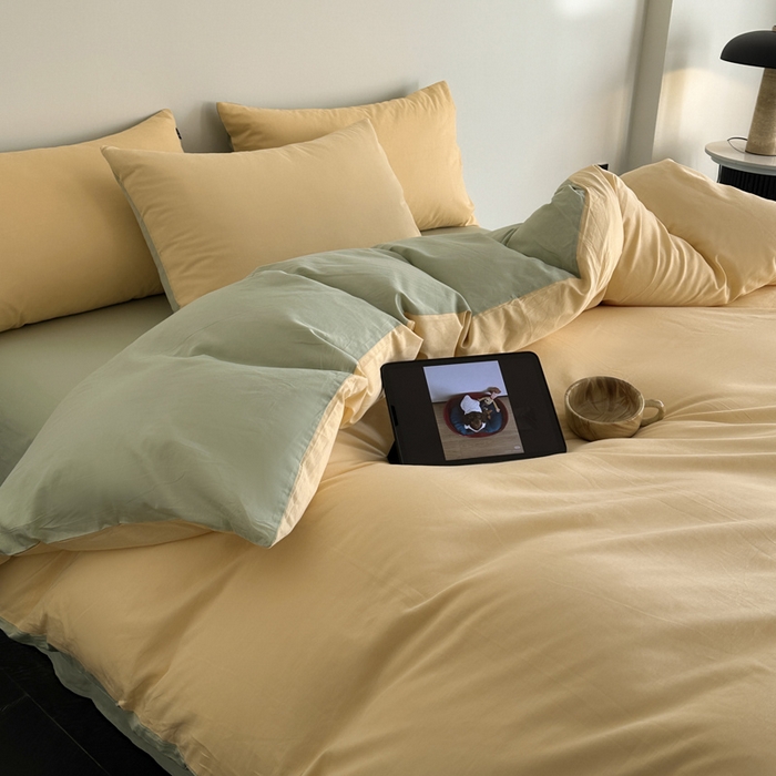 91家纺网 家纺一手货源 找家纺 涵宸家纺 2026新款全棉纯色四件套-米兰-场景二 米兰（浅黄+月光绿）