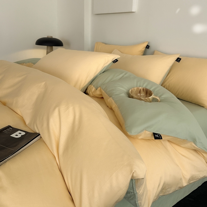 91家纺网 家纺一手货源 找家纺 涵宸家纺 2026新款全棉纯色四件套-米兰-场景二 米兰（浅黄+月光绿）