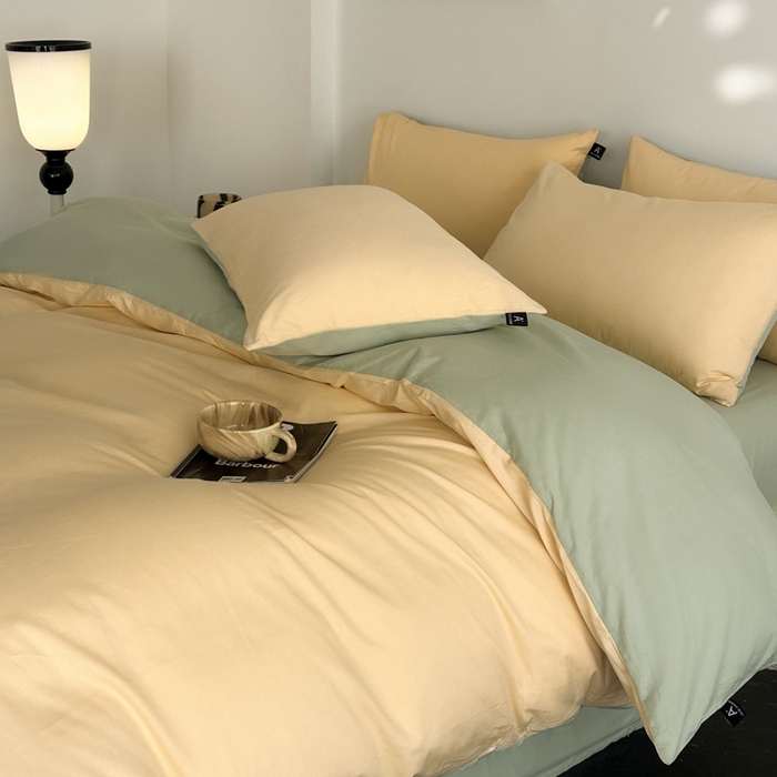 91家纺网 家纺一手货源 找家纺 涵宸家纺 2026新款全棉纯色四件套-米兰-场景二 米兰（浅黄+月光绿）