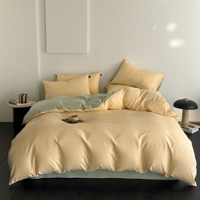 91家纺网 家纺一手货源 找家纺 涵宸家纺 2026新款全棉纯色四件套-米兰-场景二 米兰（浅黄+月光绿）