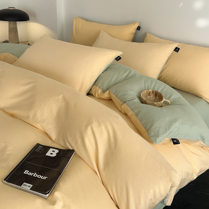 91家纺网 家纺一手货源 找家纺 涵宸家纺 2026新款全棉纯色四件套-米兰-场景二 米兰（浅黄+月光绿）