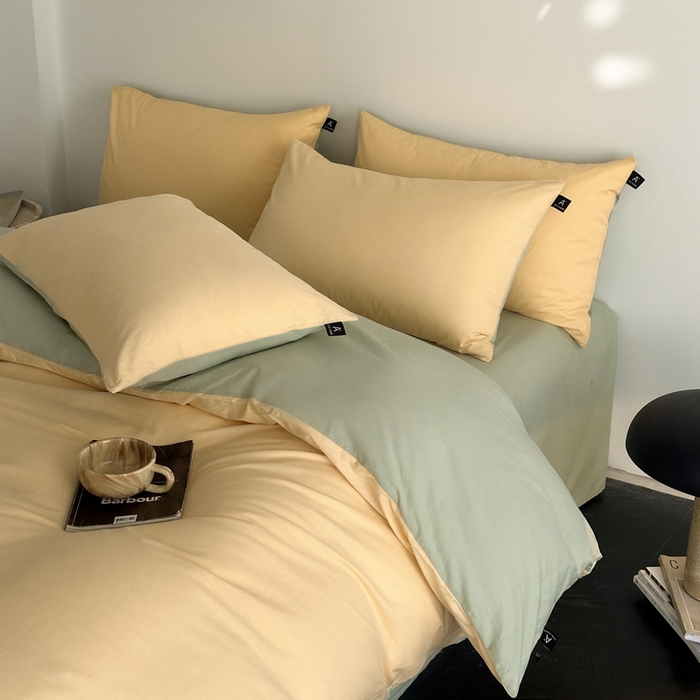 91家纺网 家纺一手货源 找家纺 涵宸家纺 2026新款全棉纯色四件套-米兰-场景二 米兰（浅黄+月光绿）