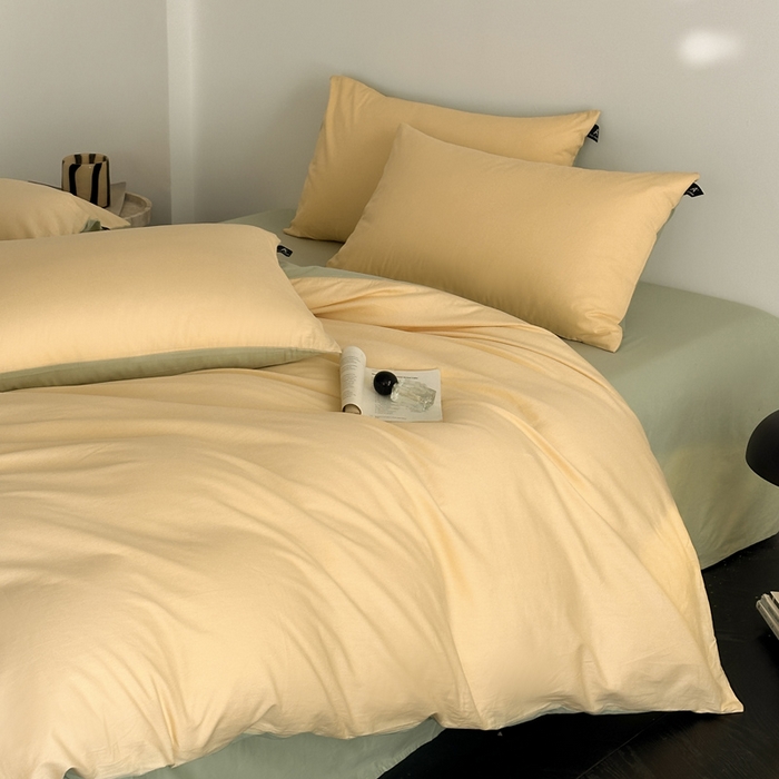 91家纺网 家纺一手货源 找家纺 涵宸家纺 2026新款全棉纯色四件套-米兰-场景二 米兰（浅黄+月光绿）