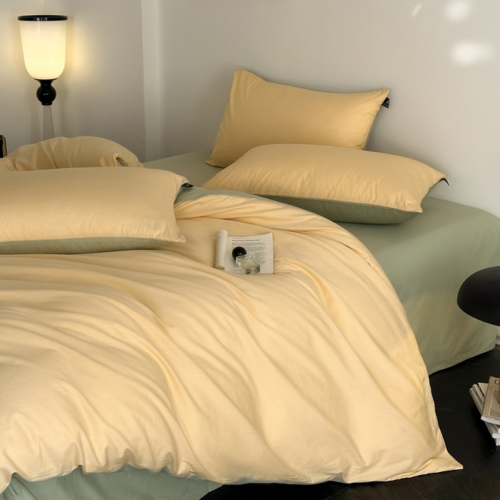 91家纺网 家纺一手货源 找家纺 涵宸家纺 2026新款全棉纯色四件套-米兰-场景二 米兰（浅黄+月光绿）