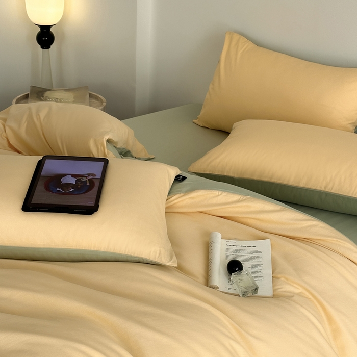 91家纺网 家纺一手货源 找家纺 涵宸家纺 2026新款全棉纯色四件套-米兰-场景二 米兰（浅黄+月光绿）