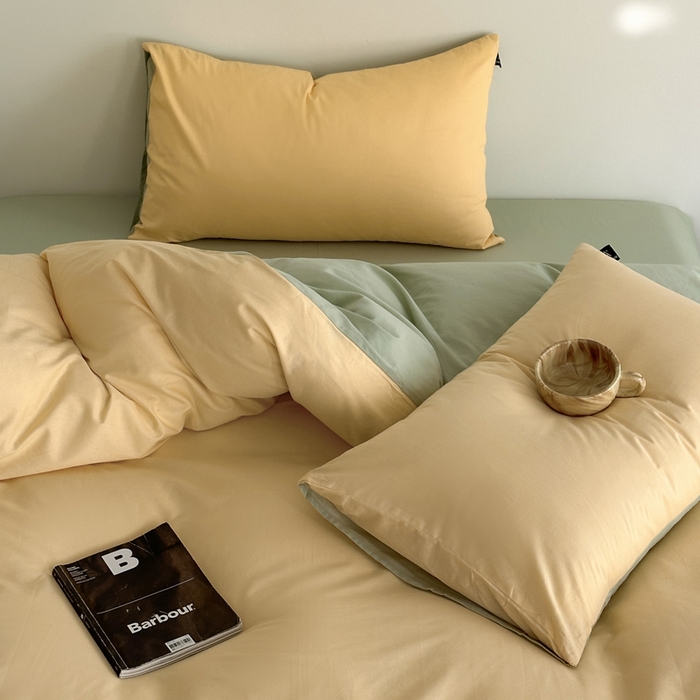 91家纺网 家纺一手货源 找家纺 涵宸家纺 2026新款全棉纯色四件套-米兰-场景二 米兰（浅黄+月光绿）