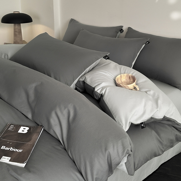 91家纺网 家纺一手货源 找家纺 涵宸家纺 2026新款全棉纯色四件套-米兰-场景二 米兰（石灰+梧桐灰）