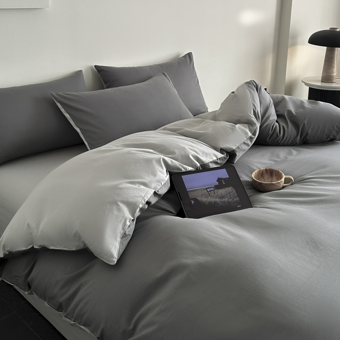 91家纺网 家纺一手货源 找家纺 涵宸家纺 2026新款全棉纯色四件套-米兰-场景二 米兰（石灰+梧桐灰）