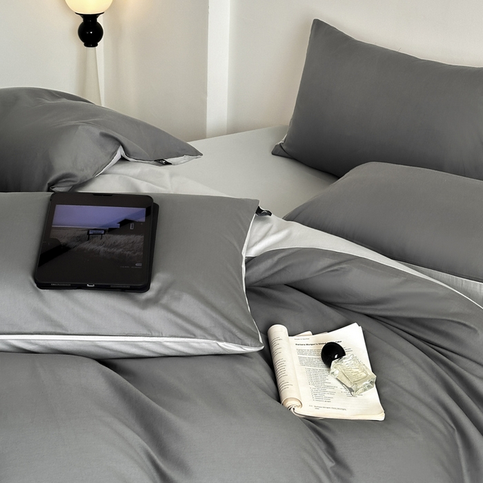 91家纺网 家纺一手货源 找家纺 涵宸家纺 2026新款全棉纯色四件套-米兰-场景二 米兰（石灰+梧桐灰）