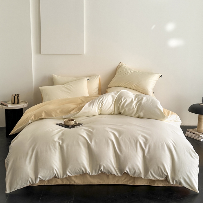 91家纺网 家纺一手货源 找家纺 涵宸家纺 2026新款全棉纯色四件套-米兰-场景二 米兰（香槟金+驼色）