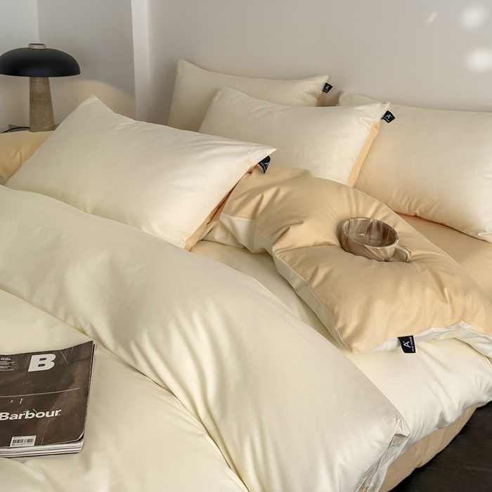 91家纺网 家纺一手货源 找家纺 涵宸家纺 2026新款全棉纯色四件套-米兰-场景二 米兰（香槟金+驼色）