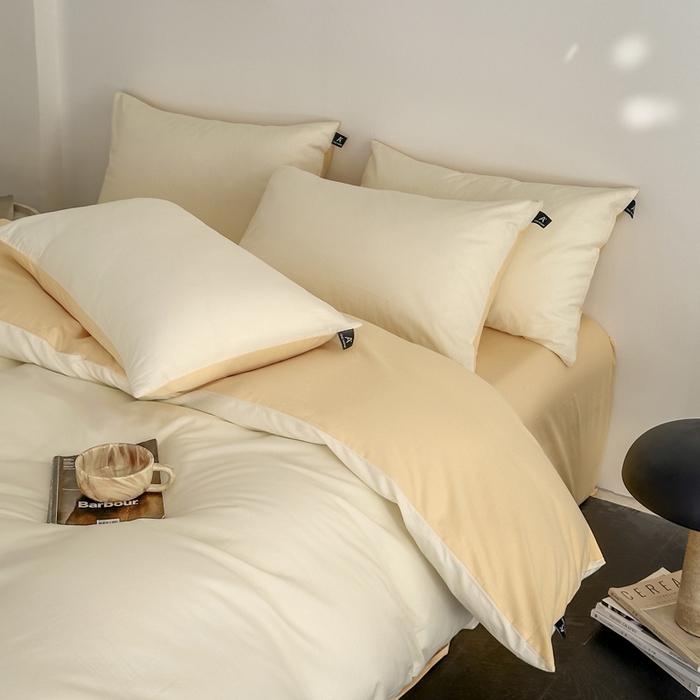 91家纺网 家纺一手货源 找家纺 涵宸家纺 2026新款全棉纯色四件套-米兰-场景二 米兰（香槟金+驼色）