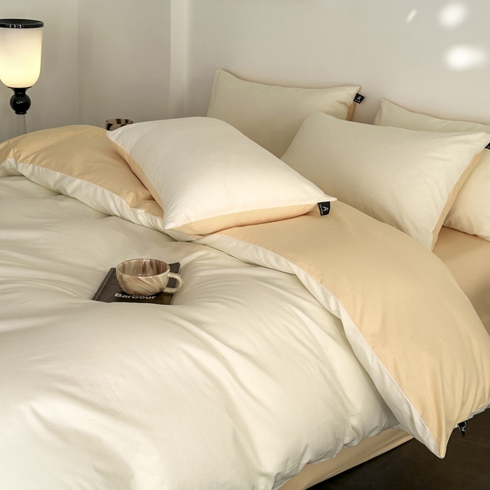 91家纺网 家纺一手货源 找家纺 涵宸家纺 2026新款全棉纯色四件套-米兰-场景二 米兰（香槟金+驼色）