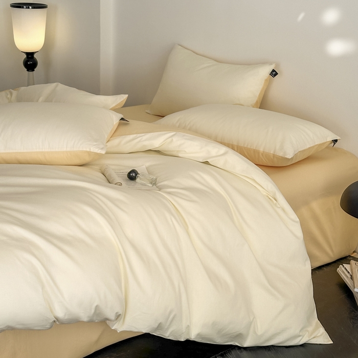 91家纺网 家纺一手货源 找家纺 涵宸家纺 2026新款全棉纯色四件套-米兰-场景二 米兰（香槟金+驼色）