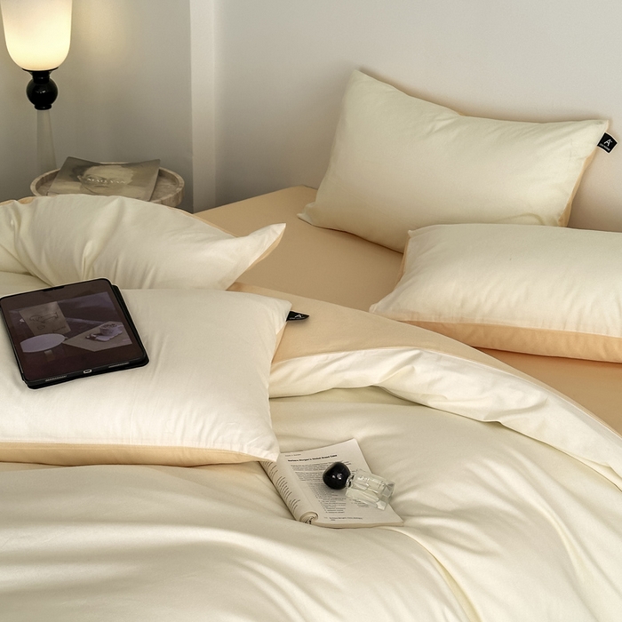 91家纺网 家纺一手货源 找家纺 涵宸家纺 2026新款全棉纯色四件套-米兰-场景二 米兰（香槟金+驼色）