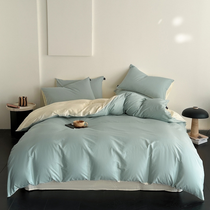 91家纺网 家纺一手货源 找家纺 涵宸家纺 2026新款全棉纯色四件套-米兰-场景二 米兰（幸运兰+ 奶白）