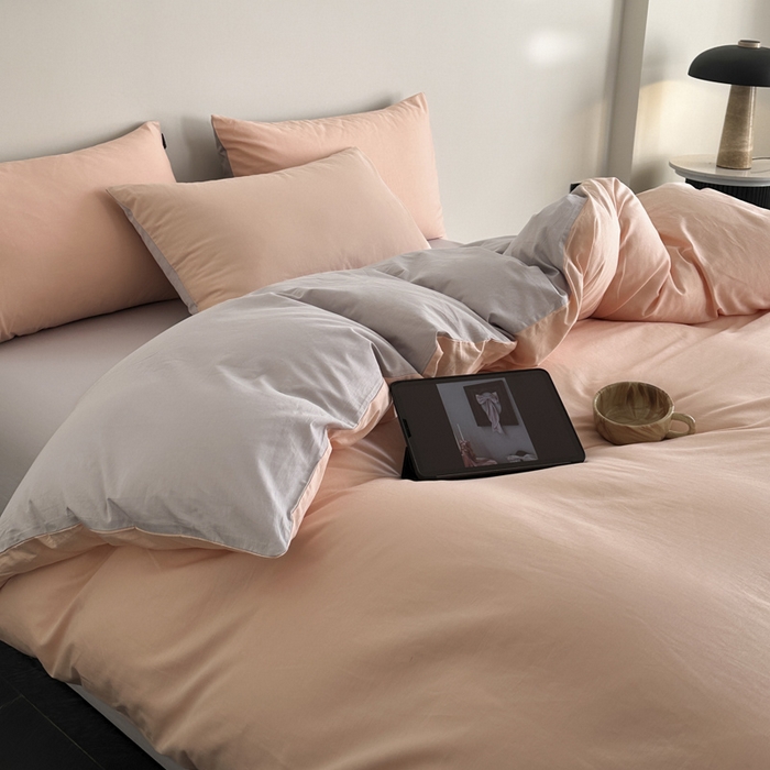 91家纺网 家纺一手货源 找家纺 涵宸家纺 2026新款全棉纯色四件套-米兰-场景二 米兰（烟粉-梧桐灰）