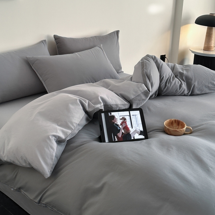 91家纺网 家纺一手货源 找家纺 涵宸家纺 2026新款全棉纯色四件套-米兰-场景二 米兰（银灰+梧桐灰）