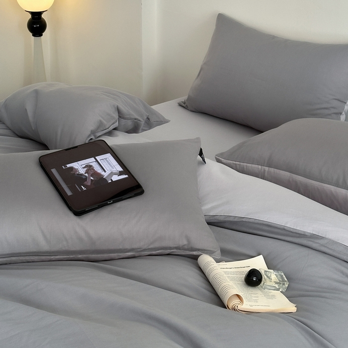 91家纺网 家纺一手货源 找家纺 涵宸家纺 2026新款全棉纯色四件套-米兰-场景二 米兰（银灰+梧桐灰）