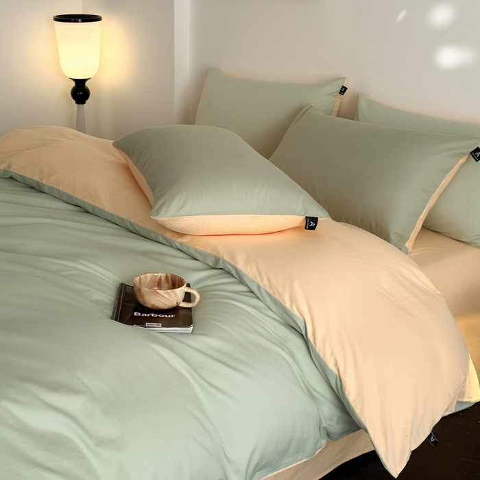 91家纺网 家纺一手货源 找家纺 涵宸家纺 2026新款全棉纯色四件套-米兰-场景二 米兰（月光绿+浅黄）