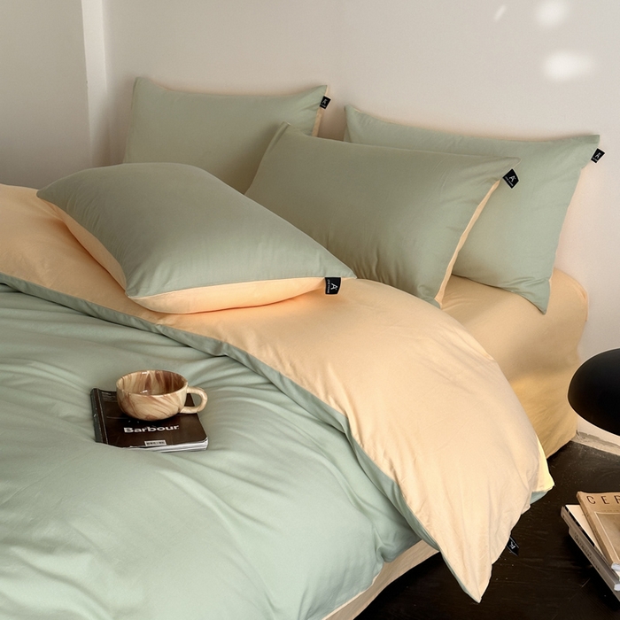 91家纺网 家纺一手货源 找家纺 涵宸家纺 2026新款全棉纯色四件套-米兰-场景二 米兰（月光绿+浅黄）