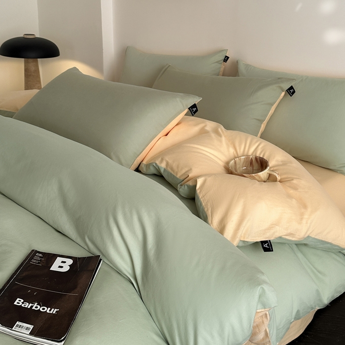 91家纺网 家纺一手货源 找家纺 涵宸家纺 2026新款全棉纯色四件套-米兰-场景二 米兰（月光绿+浅黄）