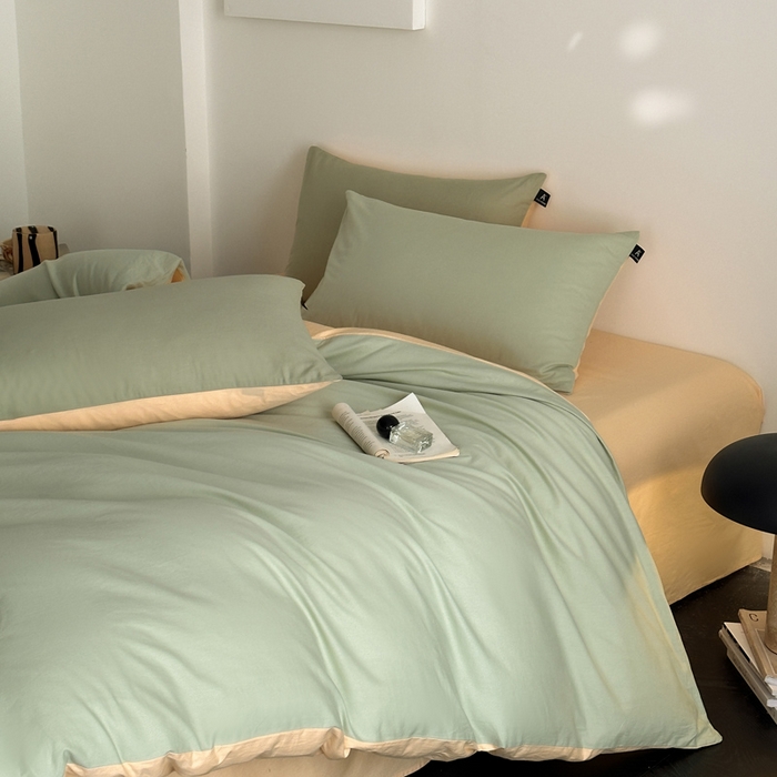 91家纺网 家纺一手货源 找家纺 涵宸家纺 2026新款全棉纯色四件套-米兰-场景二 米兰（月光绿+浅黄）