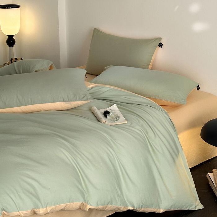 91家纺网 家纺一手货源 找家纺 涵宸家纺 2026新款全棉纯色四件套-米兰-场景二 米兰（月光绿+浅黄）