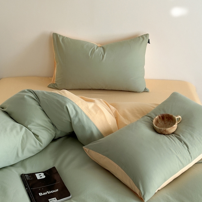 91家纺网 家纺一手货源 找家纺 涵宸家纺 2026新款全棉纯色四件套-米兰-场景二 米兰（月光绿+浅黄）