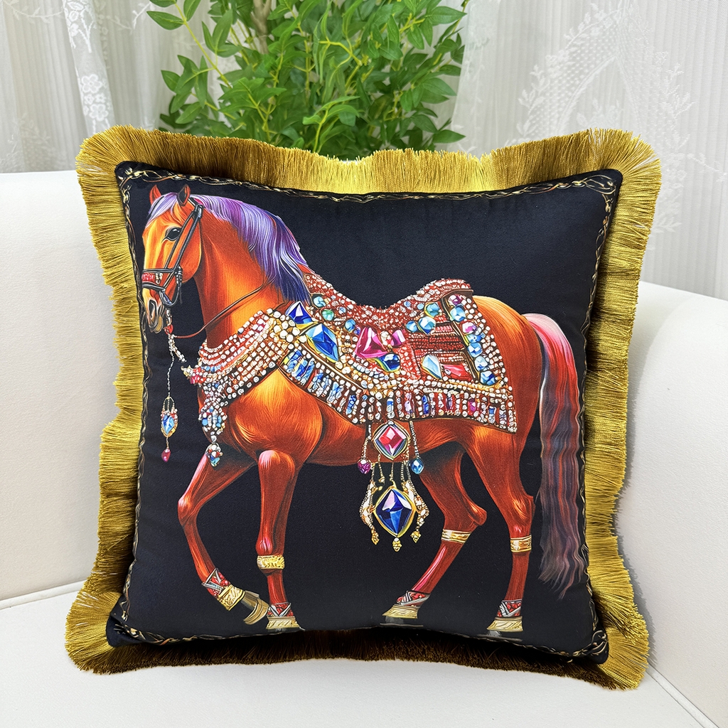 爱家居 2025新款欧式美式沙发抱枕套靠垫套轻奢流苏白马绒抱枕含芯床头靠枕垫定制 珠光宝气马