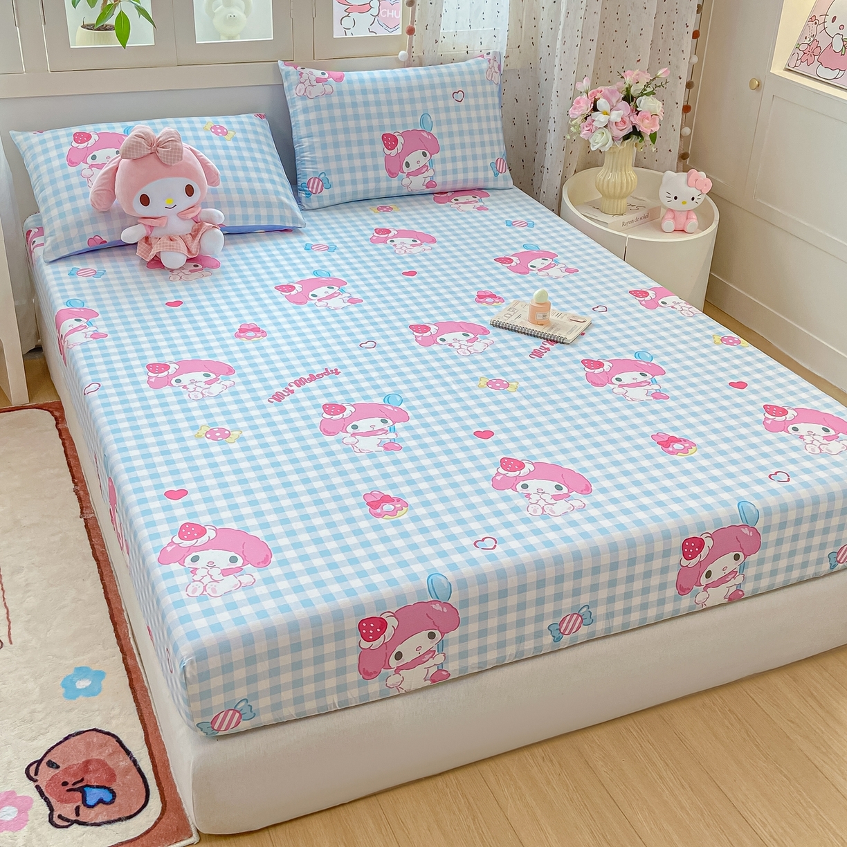 91家纺网 家纺一手货源 找家纺 博雅 2026新款三丽鸥全棉小版印花床笠 呆萌美乐蒂