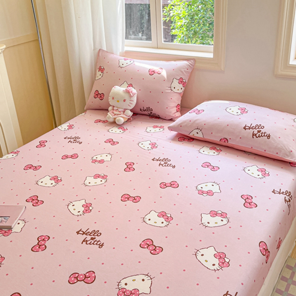 91家纺网 家纺一手货源 找家纺 博雅 2026新款三丽鸥全棉小版印花床笠 粉色蝴蝶结KT