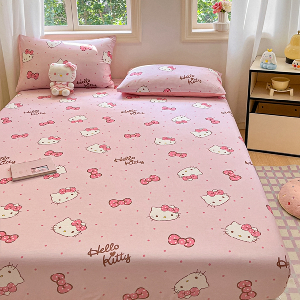 91家纺网 家纺一手货源 找家纺 博雅 2026新款三丽鸥全棉小版印花床笠 粉色蝴蝶结KT