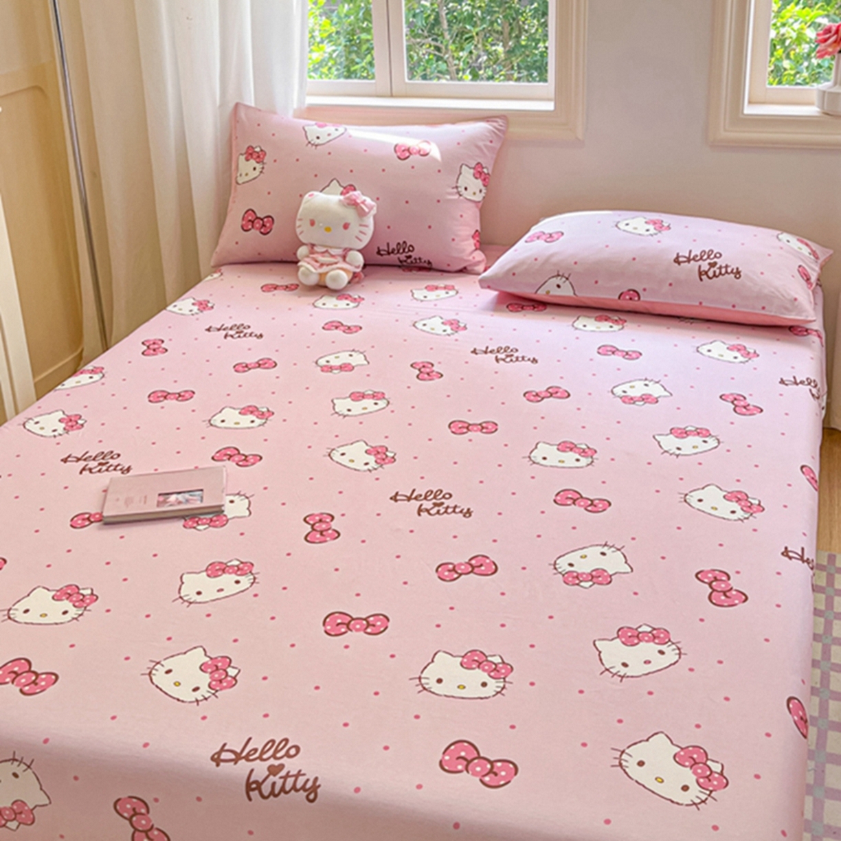 91家纺网 家纺一手货源 找家纺 博雅 2026新款三丽鸥全棉小版印花床笠 粉色蝴蝶结KT