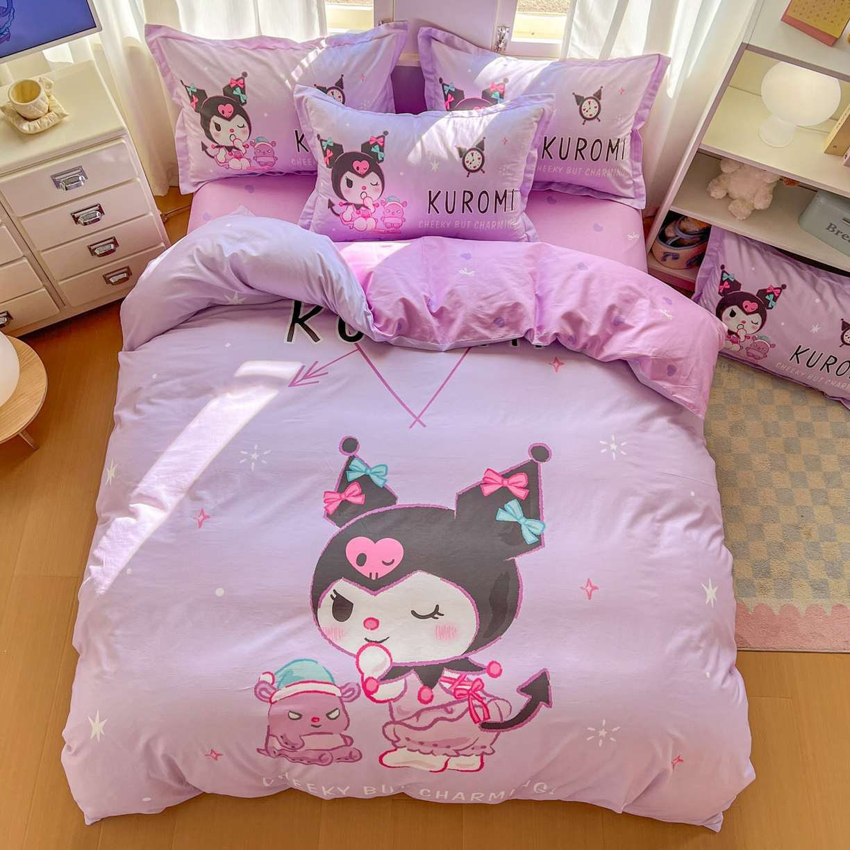 91家纺网 家纺一手货源 找家纺 浩诚 2026新款专版三丽鸥hellokitty库洛米正版授权大版全棉纯棉四件套 比心库洛米