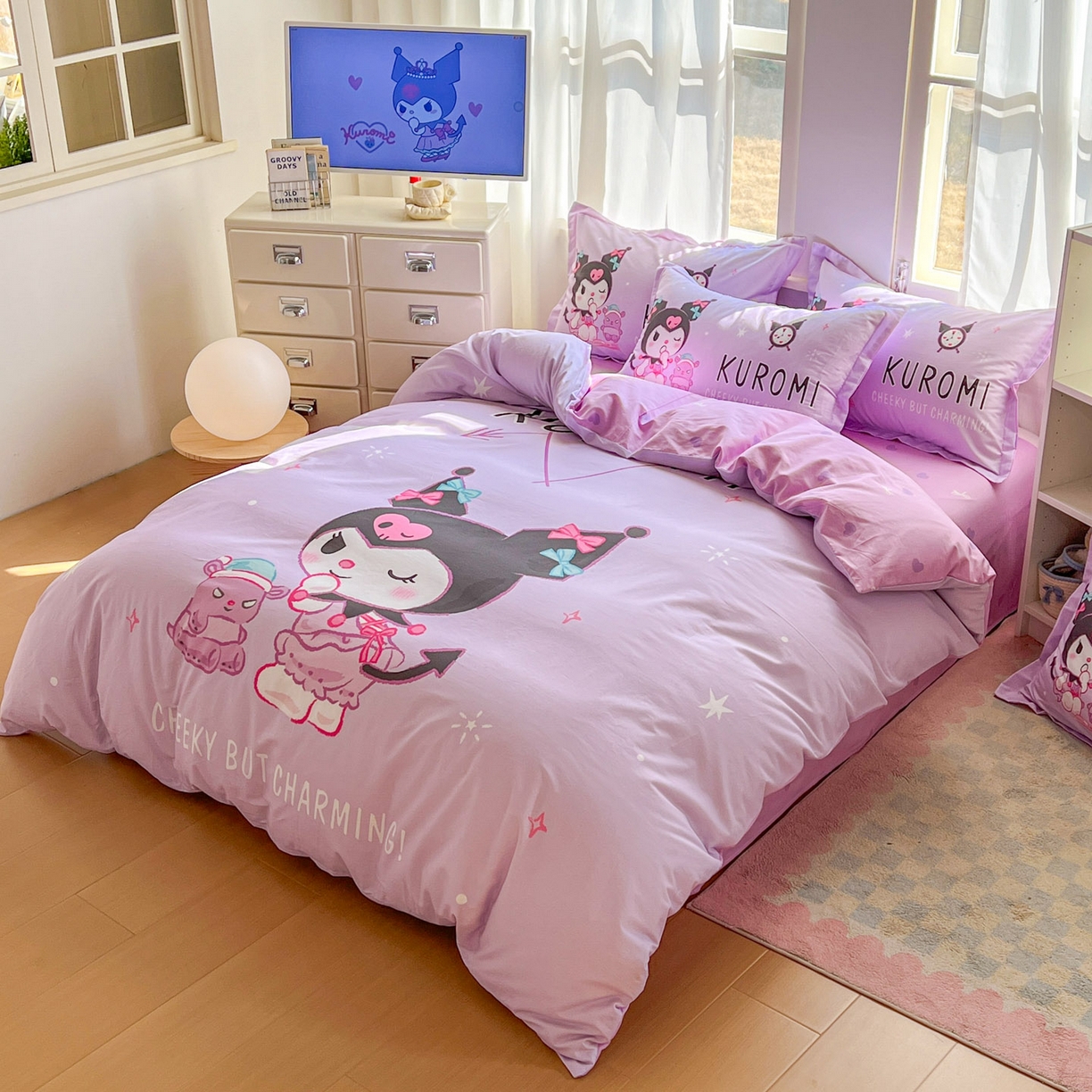 91家纺网 家纺一手货源 找家纺 浩诚 2026新款专版三丽鸥hellokitty库洛米正版授权大版全棉纯棉四件套 比心库洛米