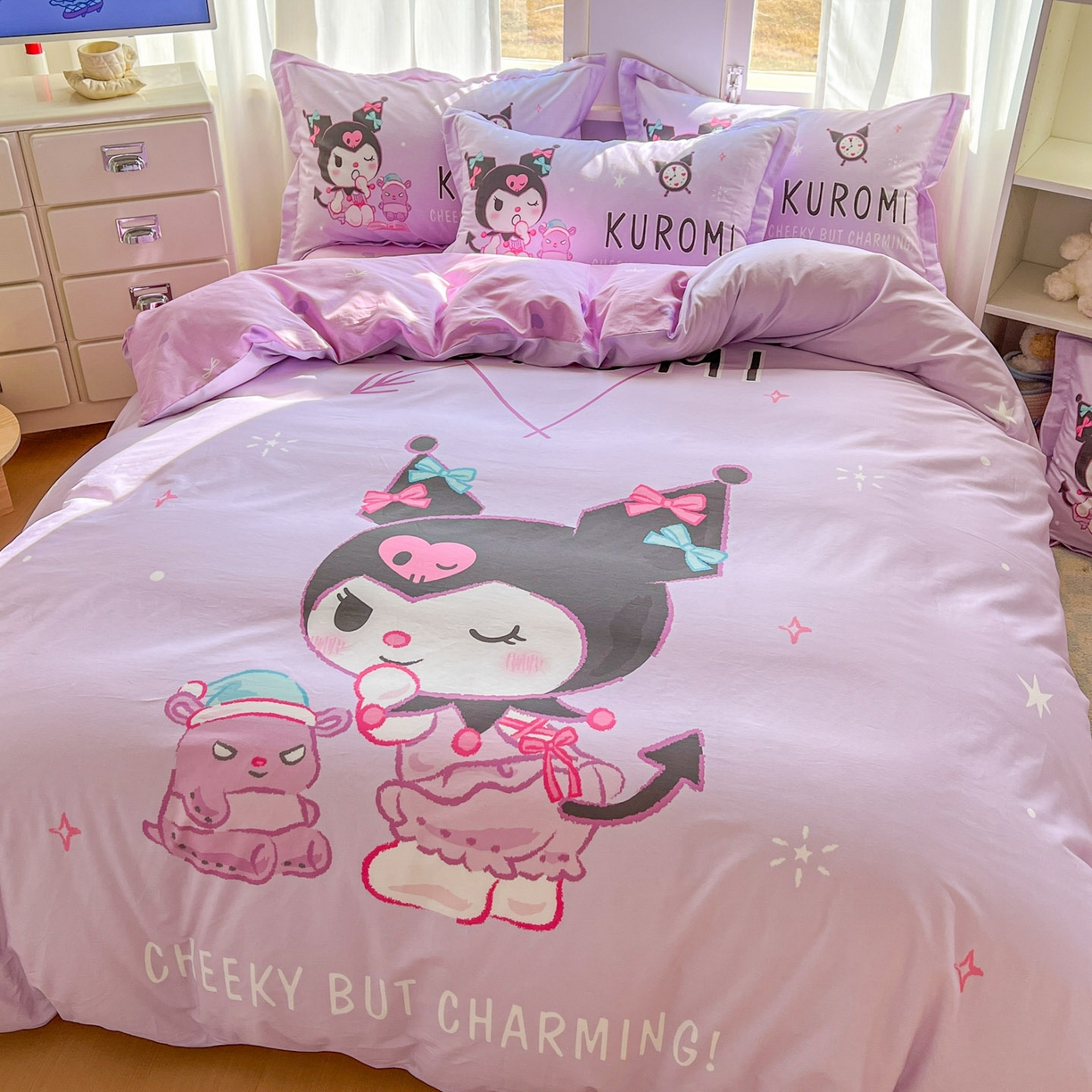 91家纺网 家纺一手货源 找家纺 浩诚 2026新款专版三丽鸥hellokitty库洛米正版授权大版全棉纯棉四件套 比心库洛米