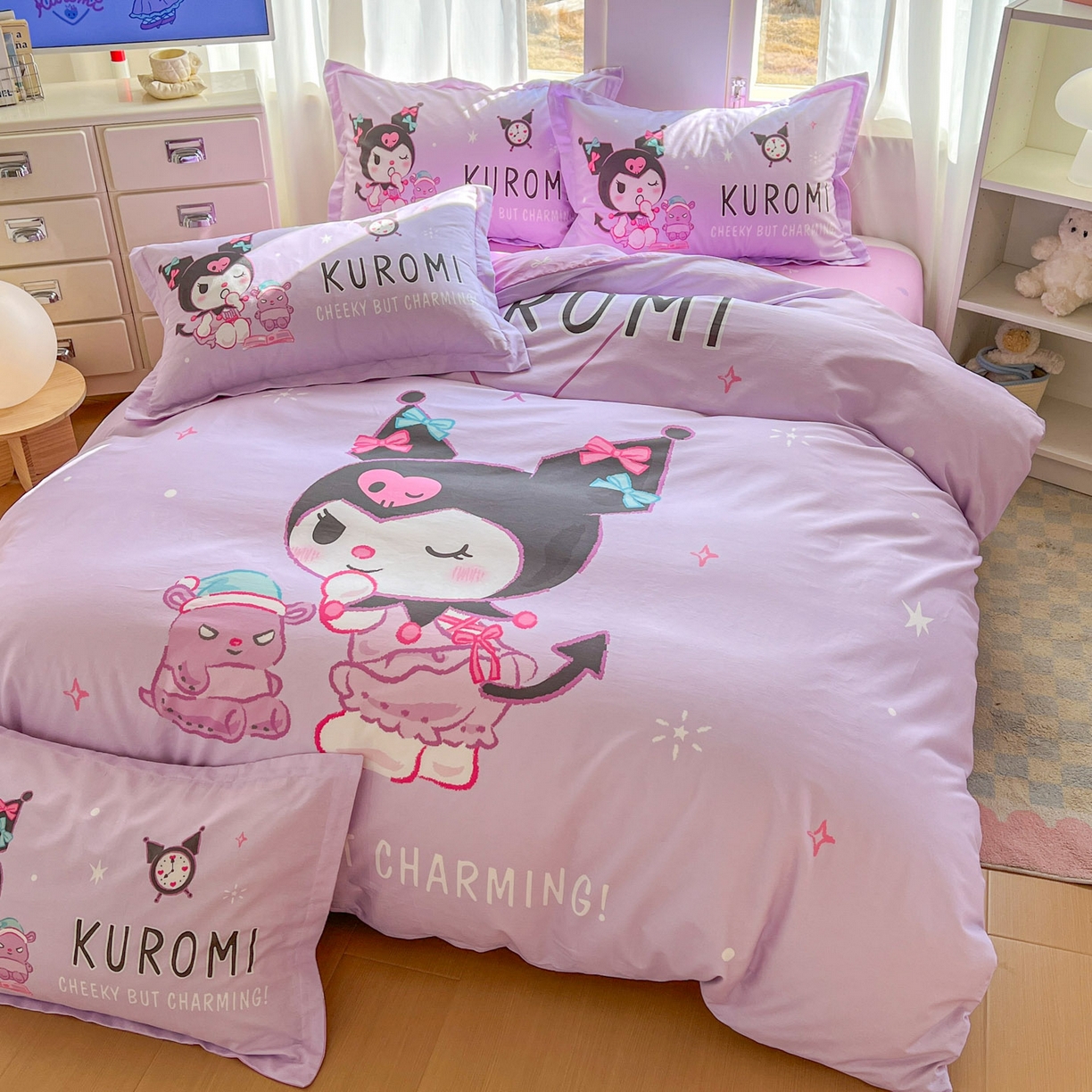 91家纺网 家纺一手货源 找家纺 浩诚 2026新款专版三丽鸥hellokitty库洛米正版授权大版全棉纯棉四件套 比心库洛米