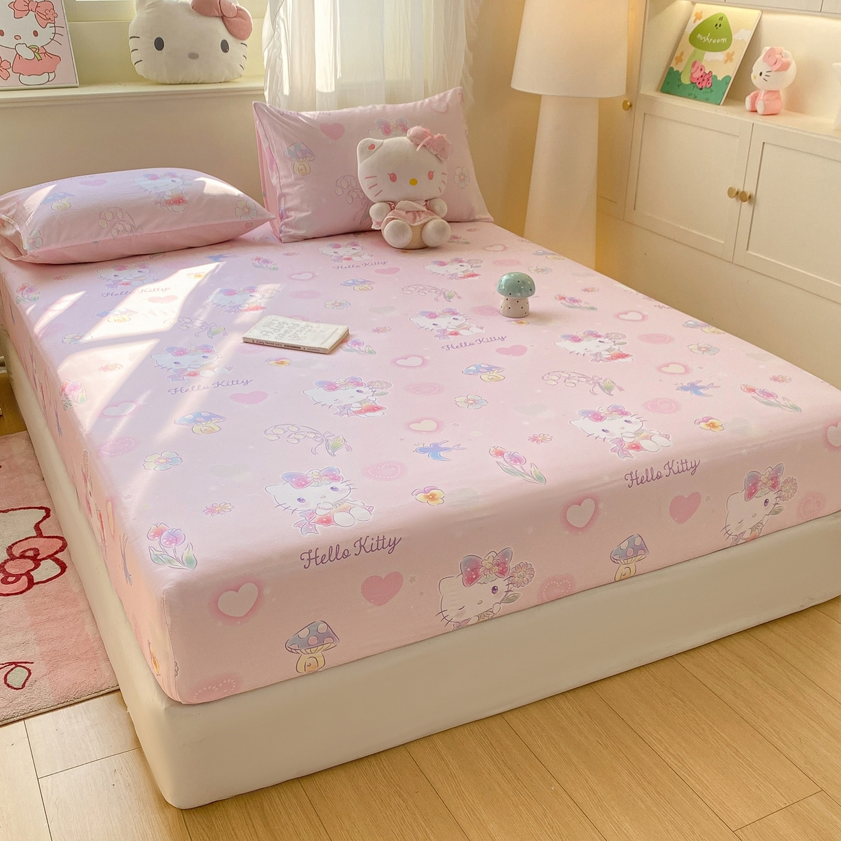 91家纺网 家纺一手货源 找家纺 博雅 2026新款三丽鸥全棉小版印花床笠 花漾kt