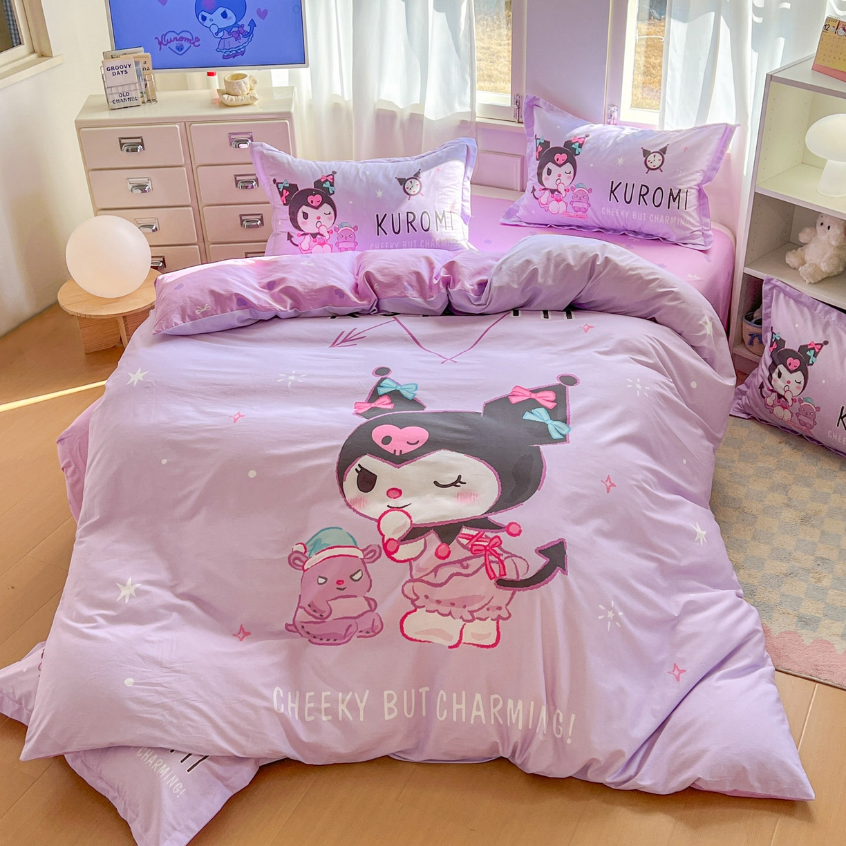 91家纺网 家纺一手货源 找家纺 浩诚 2026新款专版三丽鸥hellokitty库洛米正版授权大版全棉纯棉四件套 比心库洛米