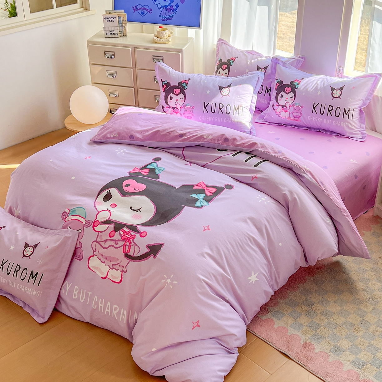 91家纺网 家纺一手货源 找家纺 浩诚 2026新款专版三丽鸥hellokitty库洛米正版授权大版全棉纯棉四件套 比心库洛米