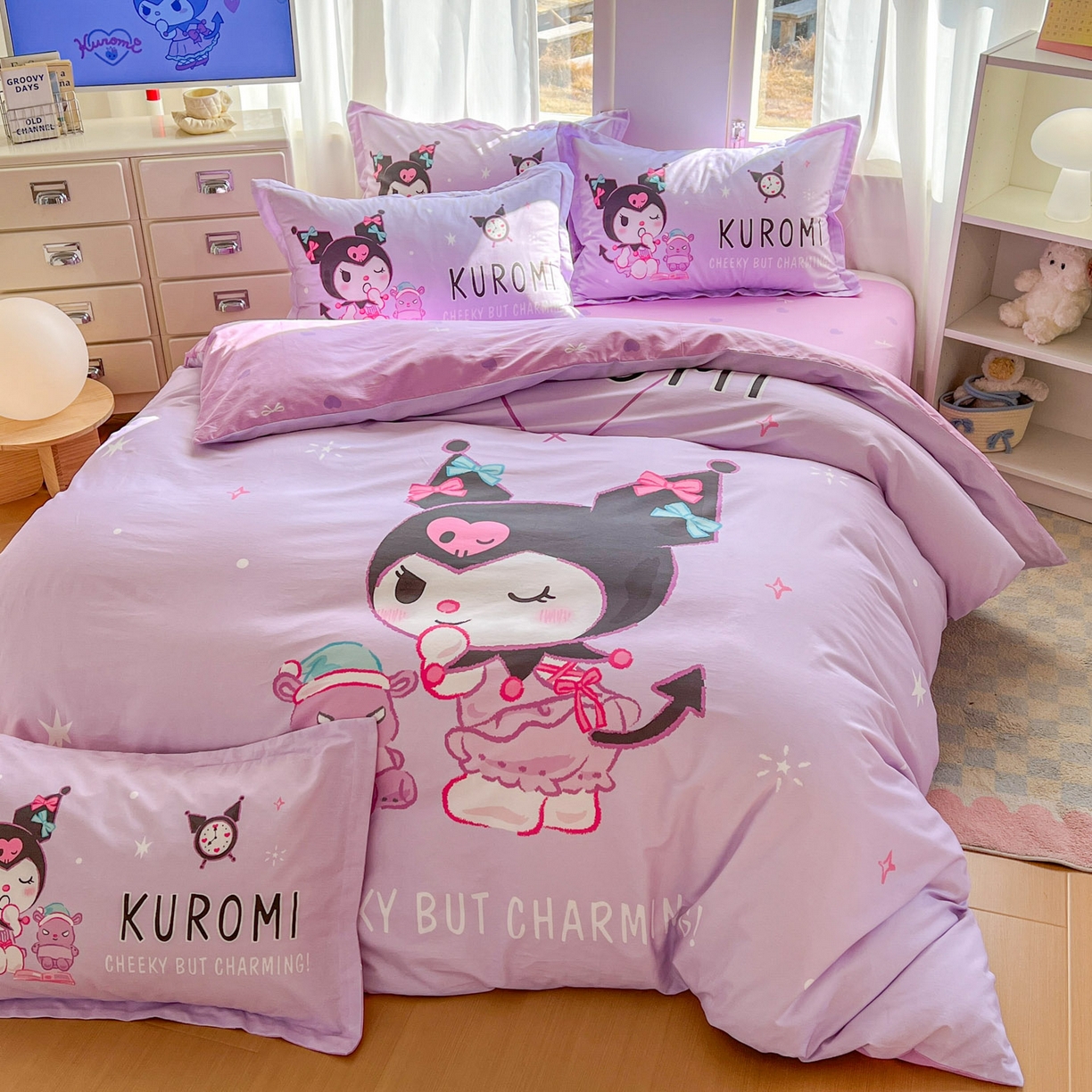 91家纺网 家纺一手货源 找家纺 浩诚 2026新款专版三丽鸥hellokitty库洛米正版授权大版全棉纯棉四件套 比心库洛米