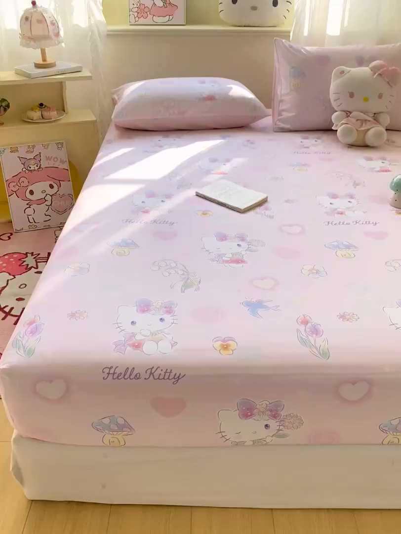 91家纺网 家纺一手货源 找家纺 博雅 2026新款三丽鸥全棉小版印花床笠 花漾kt