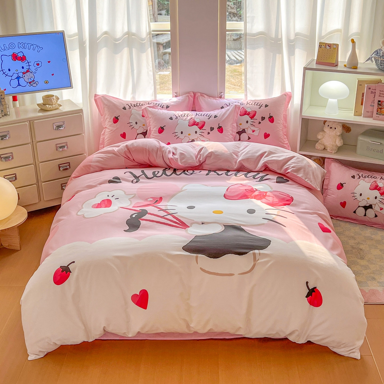 浩诚 2026新款专版三丽鸥hellokitty库洛米正版授权大版全棉纯棉四件套 草莓KT