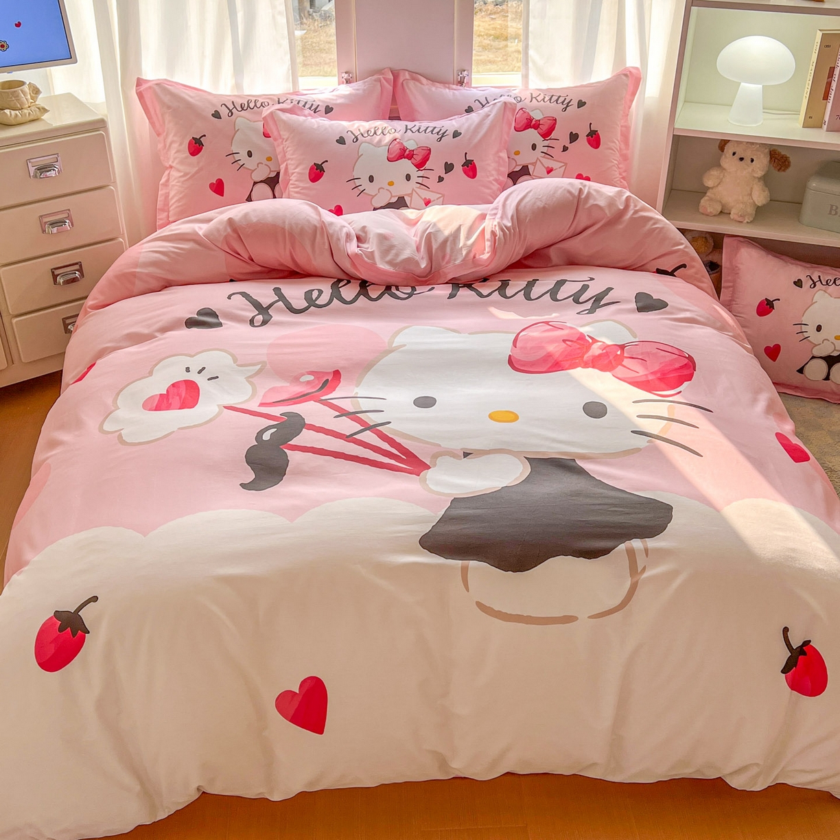 91家纺网 家纺一手货源 找家纺 浩诚 2026新款专版三丽鸥hellokitty库洛米正版授权大版全棉纯棉四件套 草莓KT