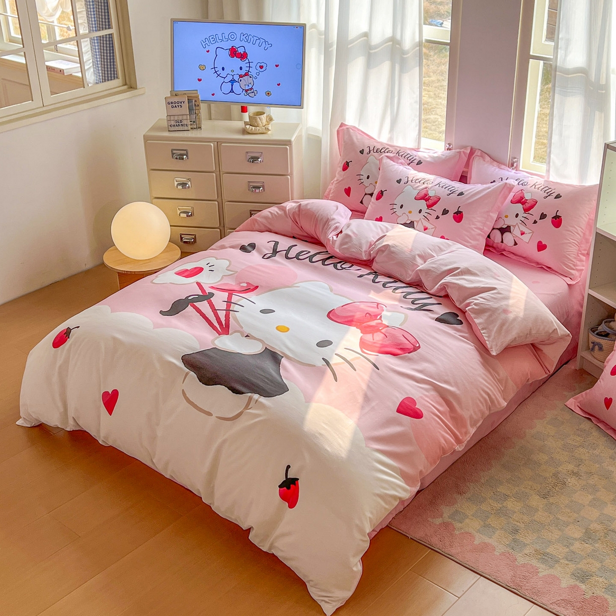 91家纺网 家纺一手货源 找家纺 浩诚 2026新款专版三丽鸥hellokitty库洛米正版授权大版全棉纯棉四件套 草莓KT