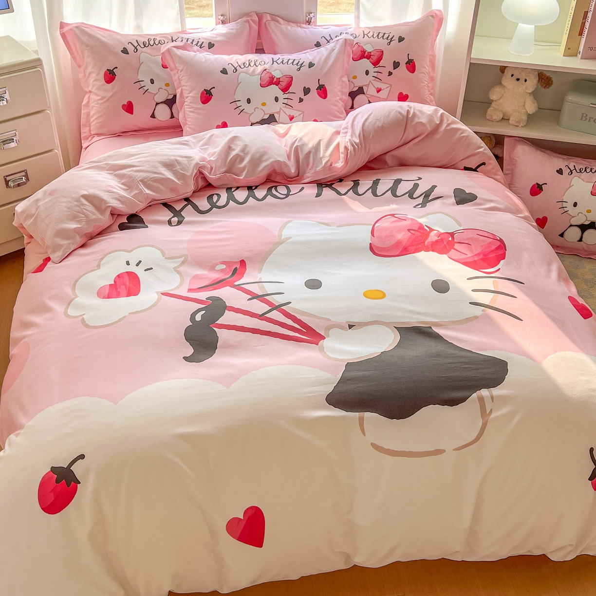 91家纺网 家纺一手货源 找家纺 浩诚 2026新款专版三丽鸥hellokitty库洛米正版授权大版全棉纯棉四件套 草莓KT