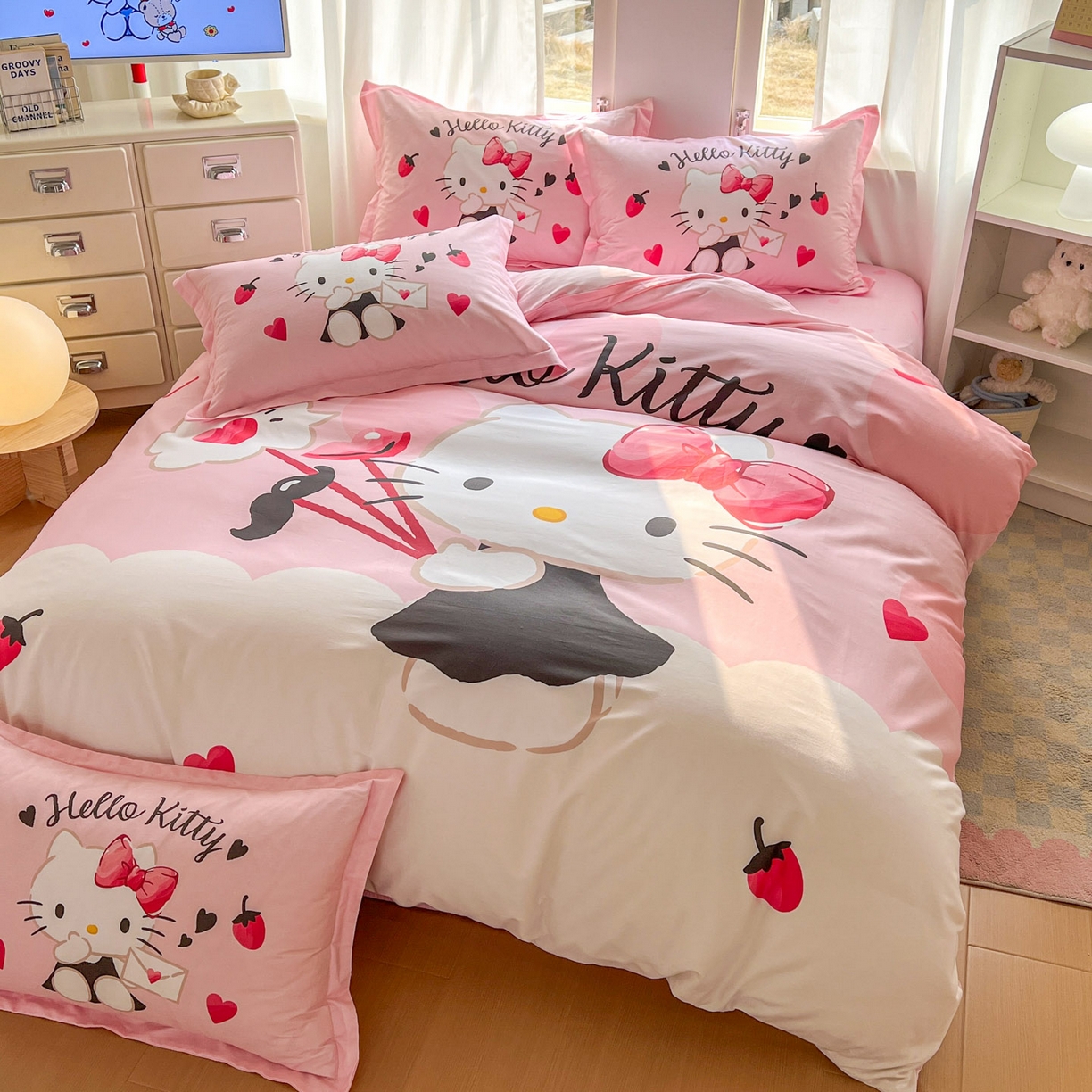 91家纺网 家纺一手货源 找家纺 浩诚 2026新款专版三丽鸥hellokitty库洛米正版授权大版全棉纯棉四件套 草莓KT