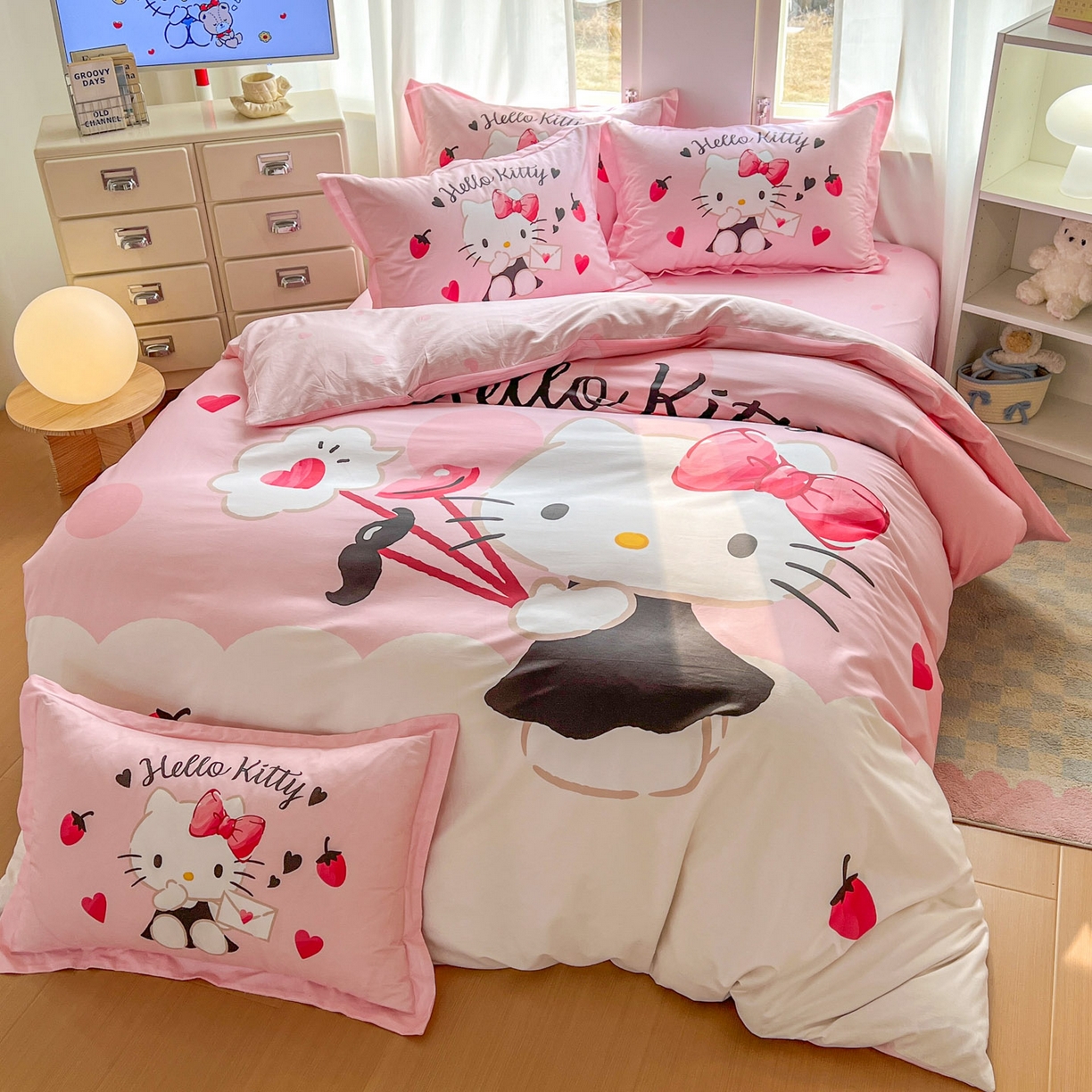 91家纺网 家纺一手货源 找家纺 浩诚 2026新款专版三丽鸥hellokitty库洛米正版授权大版全棉纯棉四件套 草莓KT