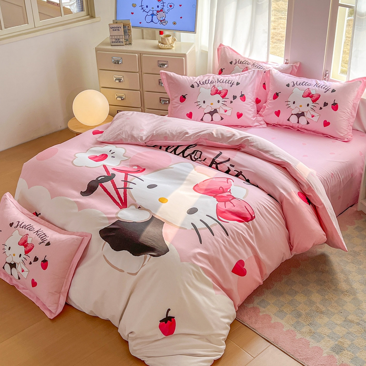 91家纺网 家纺一手货源 找家纺 浩诚 2026新款专版三丽鸥hellokitty库洛米正版授权大版全棉纯棉四件套 草莓KT